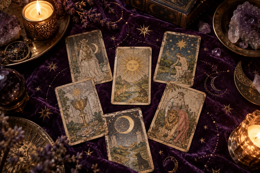 Tarot cards in a candlelit setting