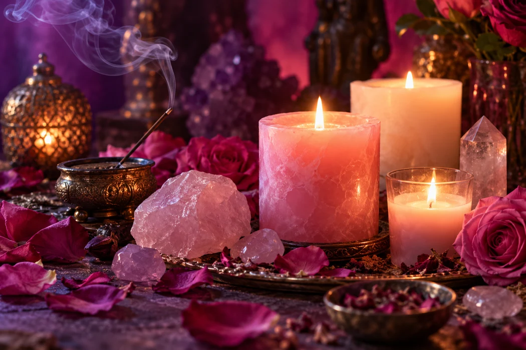 Candlelit ritual with rose quartz and incense