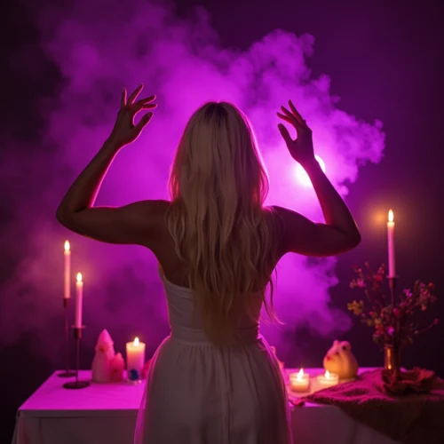 Cheryl performing personal spellwork at a candlelit altar