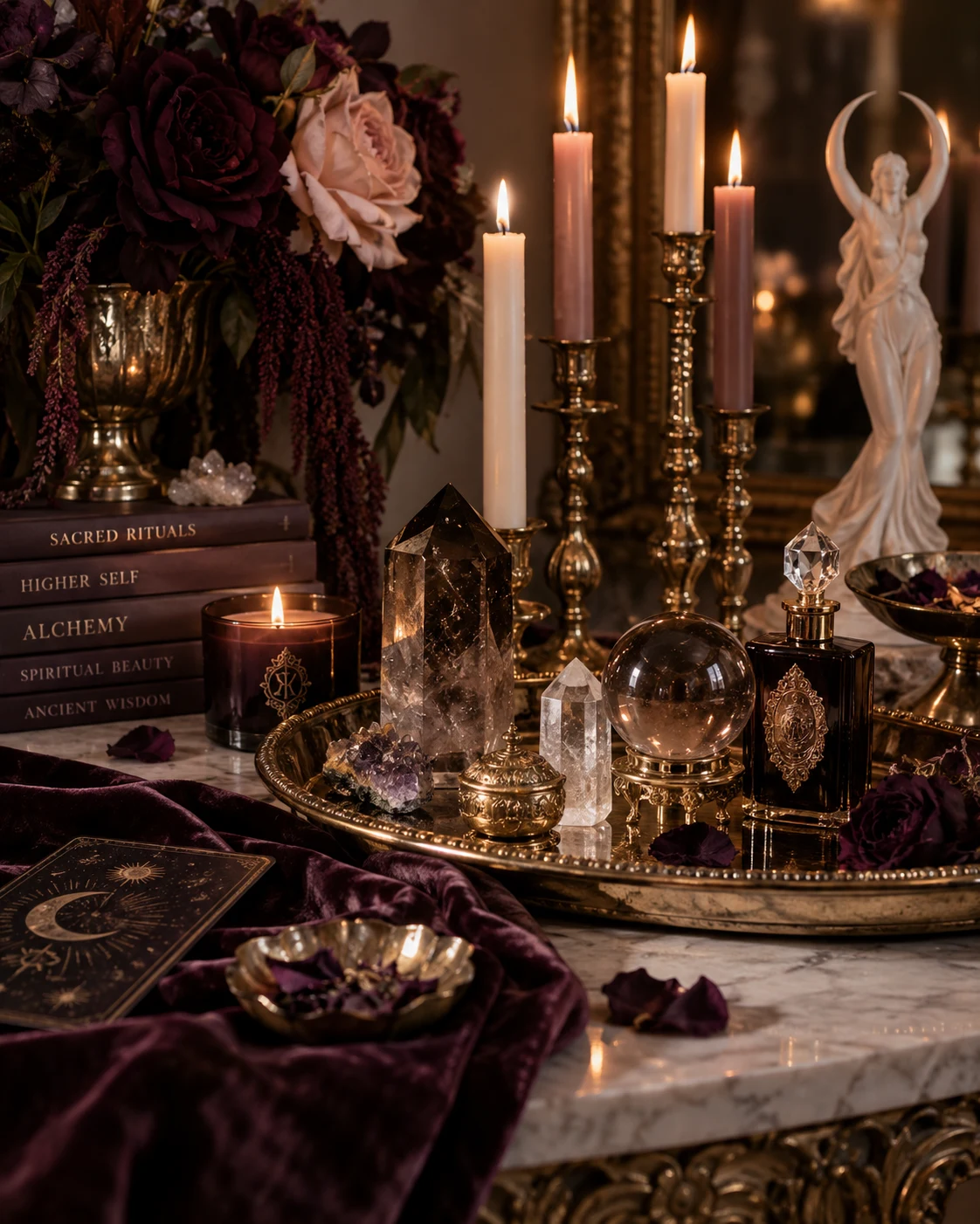 Candlelit Goddess Rituals altar with roses, crystals and a crescent moon goddess statue
